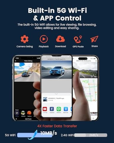 COOLCRAZY Dash Cam Front Rear: 4K+1080P Full HD Dashcam Free 64GB Card, with 5G WiFi GPS, Dual Dash Camera for Cars with 3" IPS Screen, Night Vision, HDR, App Control, 24H Parking Mode, Loop Record - Image 5
