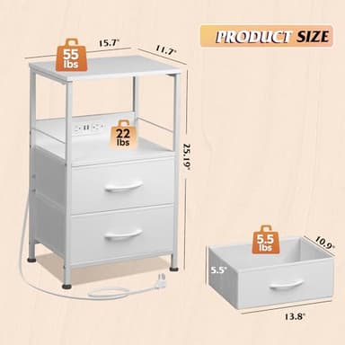 WLIVE White Night Stand with Charging Station, LED Nightstand with 2 Fabric Drawers and Storage Shelf, Dorm Bedside Table End Table with 2 USB Ports and Outlets, Small Dresser for Bedroom - Image 3