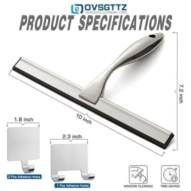 OVSGTTZ Shower Squeegee for Glass Door with 3 Adhesive Hook, Stainless Steel Glass Cleaning Squeegee for Bathroom & Household Window, Mirrors, Tiles and Car, 10 Inches, Clear, Silver - Image 2