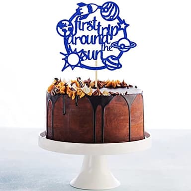 CHANGCAO First Trip Around The Sun Cake Topper Happy Birthday Toppers for Outer Space Theme Party Decorations Baby 1st Birthday, One Year Old Supplies Rocket Galaxy Planet Kids blue flash - Image 4