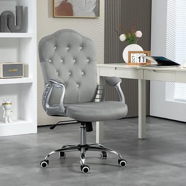 Vinsetto Home Office Chair, Velvet Computer Chair, Button Tufted Desk Chair with Swivel Wheels, Adjustable Height, and Tilt Function, Light Gray - Image 2