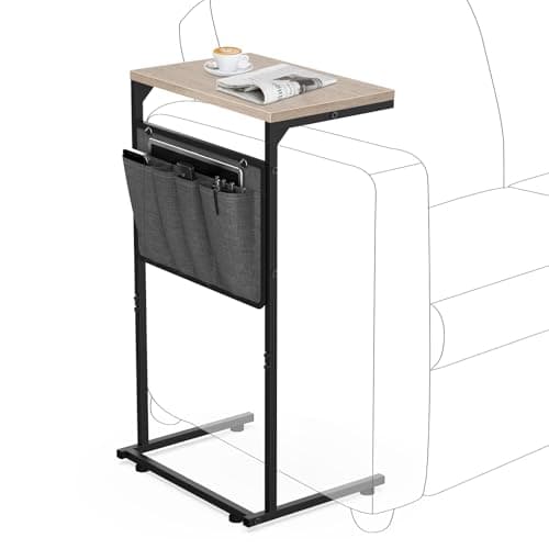 Vantic C Shaped End Table, Small Side Table for Couch and Recliner, Slide Under Sofa Tray Desk with Storage Bag for Living Room and Bedroom, Greige - Image 1