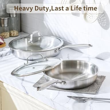 DELARLO Tri-Ply Stainless Steel Pan, 12 inch Frying Pan with Lid, Compatible with All Cooktops Up to 600℉, Fast & Even Heat, Skillet, Induction Cookware, Cooking Pan, Stir Fry Pan, Dishwasher Safe - Image 3