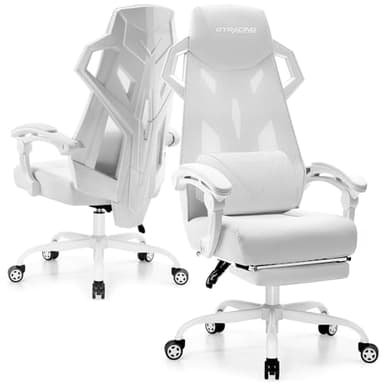 GTRACING Gaming Chair, Computer Chair with Mesh Back, Ergonomic Game Chair with Footrest, Reclining Game Chair with Adjustable Headrest and Lumbar Support for Gaming and Office (White) - Image 1