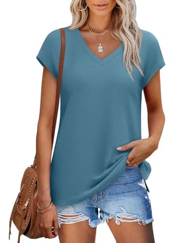 Womens Cap Sleeve Summer Tops Trendy Tank Tops V Neck Loose Fit Shirts Blue Green M - Image 1