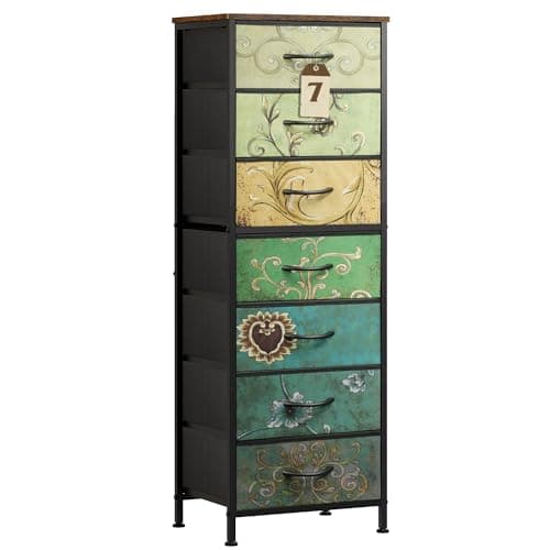 WLIVE Tall Dresser for Bedroom, 7 Drawer Dressers & Chests of Drawers, Fabric Dresser for Closet, Living Room, Night Stand with Metal Frame, Storage Tower with Fabric Bins, Wood Top, Floral Painted - Image 1