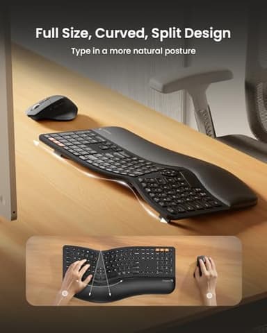 ProtoArc Ergonomic Wireless Keyboard Mouse, EKM01 Plus Full Size Ergo Bluetooth Keyboard Mouse Combo, Split Design, Wrist Rest, Multi-Device, Rechargeable, for Windows/Mac OS - Black - Image 2
