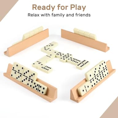 Jumbo Dominos Set for Adults with 4 Wooden Racks/Trays, Double 6 Dominoes Travel Set with Portable Case Double Six Dominoes Set with 4 Tiles Holders, 28 Tiles Dominos Set for Family Board Games - Image 2