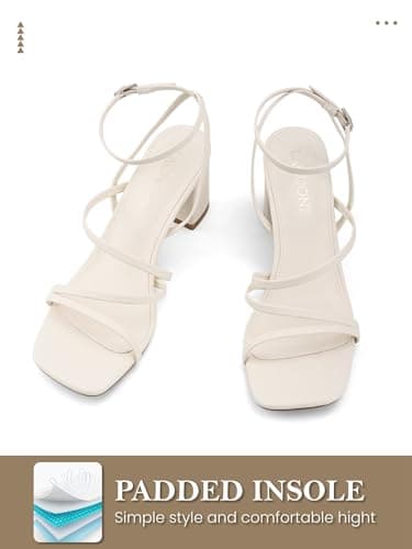 LACUONE Strappy Heels for women Block Heels Square Toe Chunky Ankle Buckle Pump Heeled Sandals (8.5,Beige) - Image 3