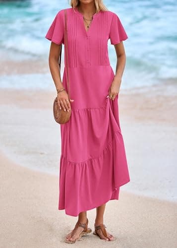 KIRUNDO Summer Maxi Dresses for Women 2025 Spring Fashion Short Sleeve Button V Neck Pleated Loose Tiered Swing Flowy Dress(Rose Red, X-Large) - Image 6