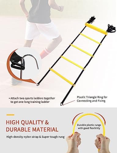 GHB Agility Ladder,Football Training Equipment Set,4 Agility Hurdles, 20 feet 12 Rungs Speed Ladder,12 Disc Cones,Resistance Parachute, Jump Rope, 5 Resistance Bands for Workout - Image 3