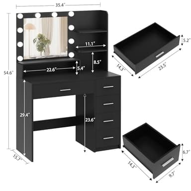 Quimoo Makeup Vanity Desk with Mirror & Lights, Vanity Desk with 5 Drawers & Storage Shelves, Vanity Table, 3 Color Modes & Adjustable Brightness Dressing Table, Bedroom, Black - Image 6