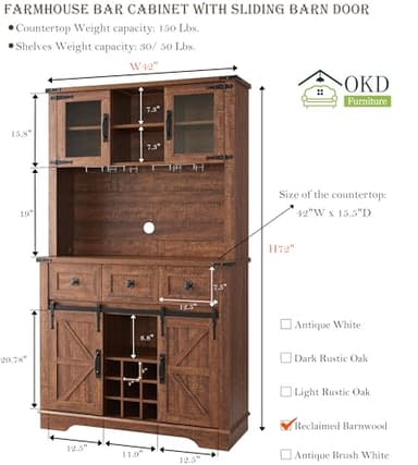 OKD 72" Farmhosue Bar Cabinet with Sliding Barn Door, Large Kitchen Buffet with Hutch w/Wine & Glasses Rack, 3 Drawers, 12 Storage Shelves, Rustic Coffee Bar Sideboard Table, Reclaimed Barnwood Color - Image 2