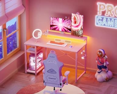 MOTPK 40 Inch Small Gaming Desk with Storage & Led Lights, Computer Desk with Power Outlet & Shelf, Reversible Gamer Desk with Adjustable Monitor Stand, Carbon Fiber Texture Pink - Image 2