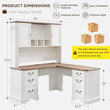 T4TREAM 59" L Shaped Desk with Hutch,Victorian Wood Computer Desk, Featuring Charging Station,File Drawer, Storage Cabinet,for Home Office Work and Study (Antique White) - Image 2