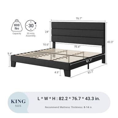 Allewie King Bed Frame Platform Bed with Fabric Upholstered Headboard and Wooden Slats Support, Fully Upholstered Mattress Foundation/No Box Spring Needed/Easy Assembly, Dark Grey - Image 2
