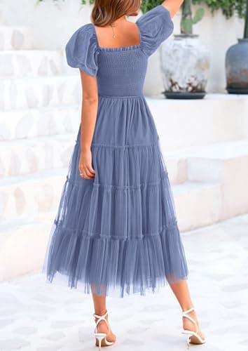 PRETTYGARDEN Women's Smocked Midi Tulle Dress 2025 Summer Puffy Short Sleeve Square Neck Ruffle Wedding Guest Party Dresses (Grey Blue,Large) - Image 2