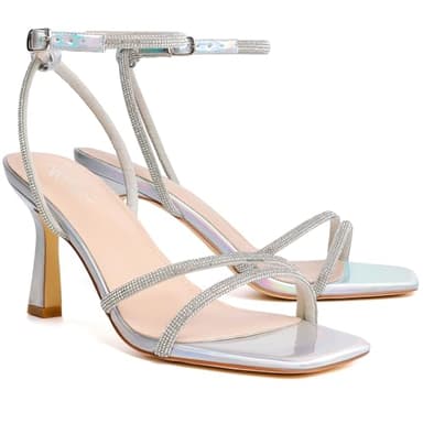 Mostrin Silver Strappy Rhinestone Heels for Women Ankle Strap Lace Up Square Open Toe Heels Stiletto High Heeled Sandals for Wedding, Prom, Party, Daily Size 11.5 - Image 7