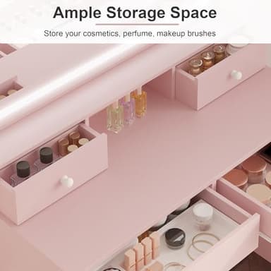 LIKIMIO Makeup Vanity Desk with Mirror and Lights, Pink Makeup Vanity Table Set with Stool Drawers, Power Socket, Dressing Table with 3 Lighting Colors, Vanities for Bedrooms - Image 4
