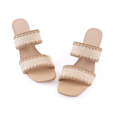N.N.G Women Heels Sandals Straw Braided Beige size 9 Low Block Dressy Mules Chunky Comfortable Summer Two Strap Leather Square Open toe Short Slide - Image 5