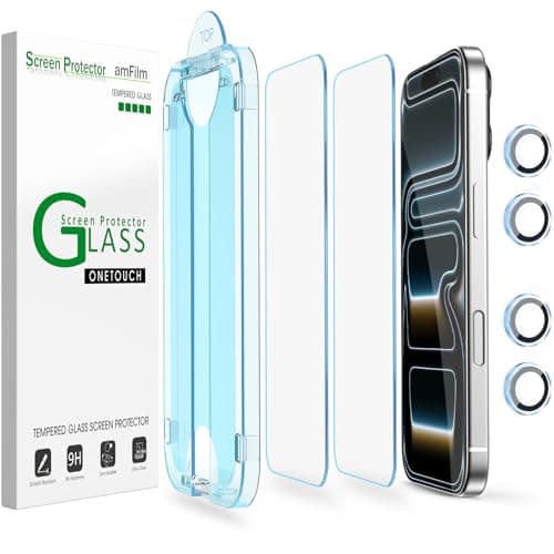 amFilm OneTouch Screen Protector for iPhone 17 Pro 6.3'' + Camera Lens Protector | Auto-Alignment Install | Bubble Free | 9H Tempered Glass | Shatterproof | FHD Clarity | Case Friendly | 2+4 Pack - Image 1