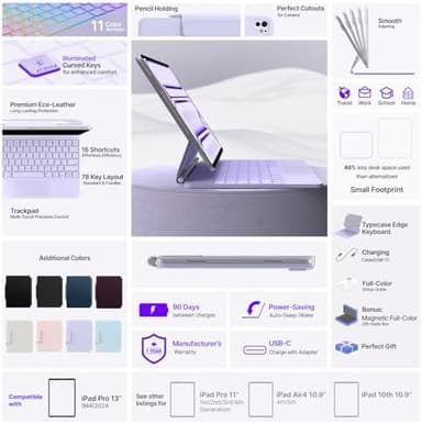 typecase Keyboard Case for iPad Pro 13-inch (M5 2025 / M4 2024), Magic Keyboard with 11 Colors Backlight, Keyboard Case with Pencil Holder, Multi-Touch Trackpad, Easy-Set Magnetic Stand, Light Purple - Image 7
