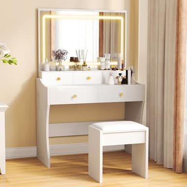 COMHOMA Makeup Vanity Desk with Mirror and Lights, Vanity Table and Chair Set with 5 Drawers and Charging Station, Bedroom Dresser LED Mirror Stepless Dimmable & 3 Color Modes Adjustable, Pure White - Image 2