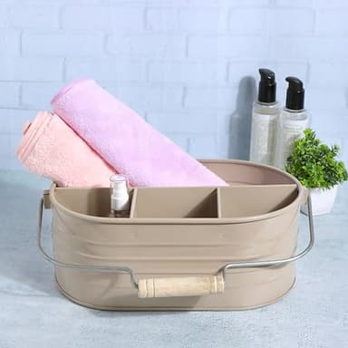 Alpha Living Home Multi-Functional Utensil Caddy – 4-Compartment Organizer for Kitchen, Party & Office – Durable Beige Powder-Coated Iron Alloy with Wooden Handle - Image 3