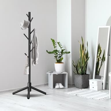 Unisakey Durable Wooden Coat Rack, Freestanding Coat Rack with Stable Triangular Base, 8 Hooks & 3 Adjustable Heights, Simple Assembly for Bedroom, Hallway, Office(New Black) - Image 3