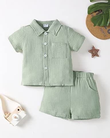 Renotemy Little Boy Clothes 4T Toddler Summer Cotton Linen Shorts Sets Baby Button Down Shirt Top Short Pants Kids Clothing 4+ Year old Boys Outfits 5T Pea Green - Image 2