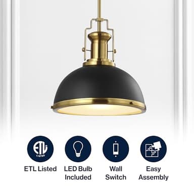 JONATHAN Y JYL9536A Homer 13" 1-Light Modern Industrial Iron LED Dome Pendant, Classic, Cottage, Farmhouse, Industrial, Rustic, Transitional, Office, Living Room, Kitchen, Foyer, Black/Brass Gold - Image 3