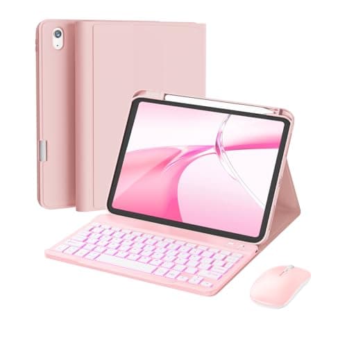 RAYMCRAFT for iPad 11th (A16, 2025) / 10th Generation Case with Keyboard, Mouse and Detachable Wireless Keyboard, 7-Color Backlight, Slim Case with Pencil Holder, Pink