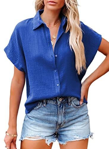Dokotoo Stylish V Neck Cotton Shirt for Women - Batwing Short Sleeve, Loose Fit Tunic Top, Blue L - Image 1