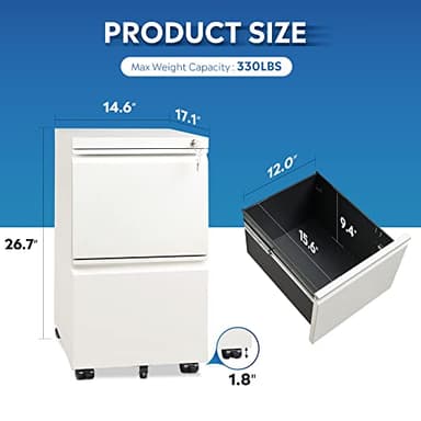 DEVAISE 2 Drawer Mobile File Cabinet with Lock, Commercial Vertical Filing Cabinet for Home Office, White - Image 3