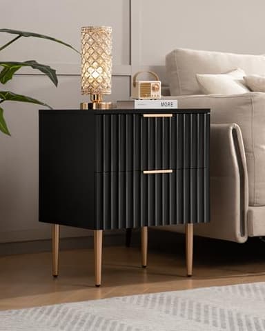 SICOTAS Black Night Stand Set 2, Fluted Glossy Nightstand with 2 Drawers, Wide Modern Storage Bedside Table for Bedroom, End Side Table with Golden Metal Legs and Handles (Black, 2 Pieces) - Image 7