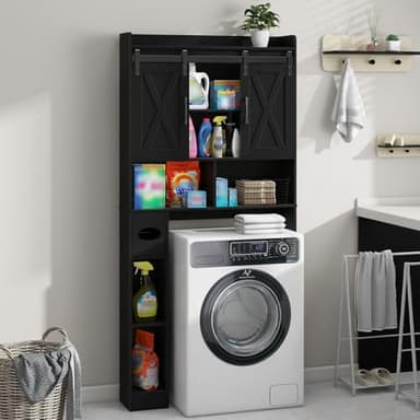 Over The Toilet Storage Cabinet, Farmhouse Storage Cabinet Over Toilet with Sliding Doors & Toilet Paper Holder Stand，Home Space-Saving Toilet Rack, for Bathroom, Laundry and Restroom.Black - Image 4