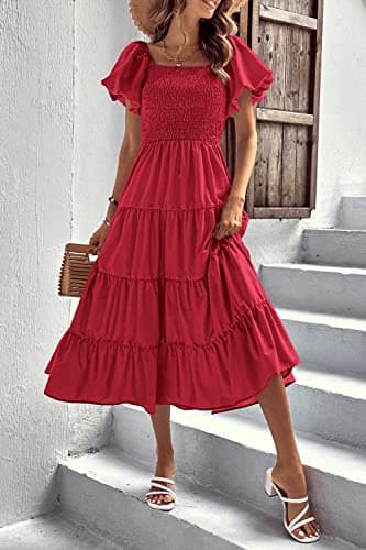 PRETTYGARDEN Women's Casual Summer Midi Dress Puffy Short Sleeve Square Neck Smocked Tiered Ruffle Dresses (Red,Medium) - Image 6