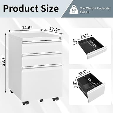Approgreent Mobile File Cabinet for Home Office, Lockable 3 Drawer Filing Cabinet with Wheels for A4-Size/Letter-Size/Legal-Size, Fully Assembled Except Casters, White - Image 3