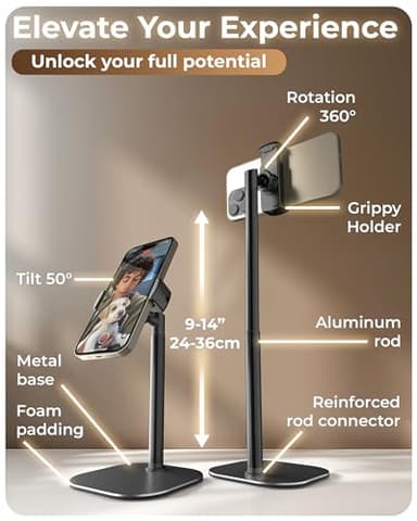 COOPER ChatStand, Adjustable Cell Phone Stand for Desk, Phone Stand for Recording, iPhone Holder for Filming, Small Tripod for iPhone, Fits Samsung, Android Smartphones - Night Black - Image 6