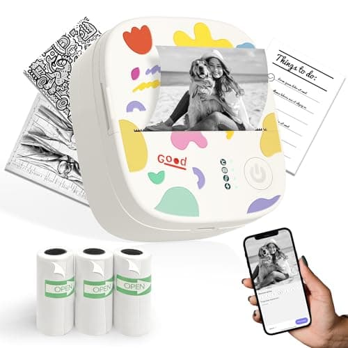 XenGro Mini Portable Sticker Printer, Mini Thermal Printer with 3 Rolls Paper, Bluetooth Inkless Printpods, Pocket Label Maker Suitable for Creative Kids DIY, Diaries, Photos, Study Notes -White