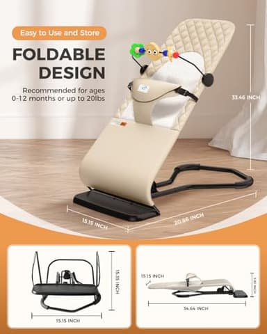 Bouncer Seat for Babies 0-12 Months, Baby Bouncer forBreathable and Comfortable Cushion, Three HeightAdjustments, Baby Rocker Portable Folding andDetachable, Ergonomic Baby Seat - Image 4