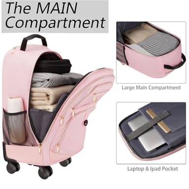 MATEIN Rolling Backpack for Women, 18 inch Roller Laptop Bag with 4 Wheels for Adult, Sturdy Wheeled Backpack Carry on Luggage, Extra Large Travel Bag Suitcase Back Pack for Work College Trips, Pink - Image 3