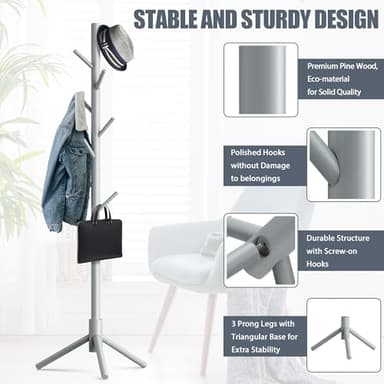 Haddockway Wooden Coat Rack Stand with 8 Hooks New Zealand Pine 3 Adjustable Coat Standing Tree Easy Assembly for Coats, Hats, Scarves and Handbags for Entryway, Hallway, Bedroom, Office - Image 3