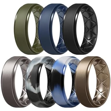 Egnaro Inner Arc Ergonomic Breathable Design, Silicone Rings Mens with Half Sizes, 7 Rings / 6 Rings / 5 Rings / 4 Rings / 1 Ring Rubber Wedding Bands, 8.5mm Wide-2mm Thick - Image 1