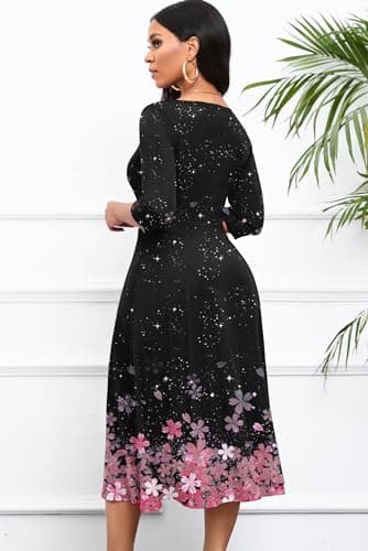 Nmoder Women's Casual Wrap Flared Midi Dress Wedding Guest Cocktail Tea Dresses A-Line Swing V-Neck 3/4 Sleeve Sakura Black XL - Image 4