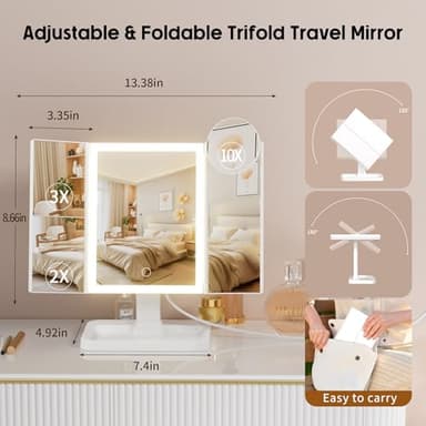 FRANO Makeup Vanity Mirror with Lights, Rechargeable Lighted Makeup Mirror with 2X 3X 10X Magnification, Led Makeup Mirror with 3 Colors Lights, Portable Mirror for Travel Desk, Gifts for Women Girls - Image 6