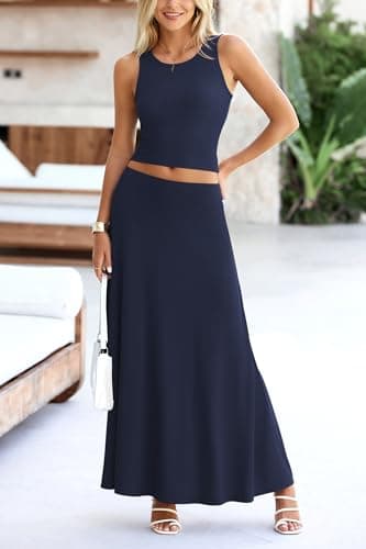PRETTYGARDEN Women's 2 Piece Maxi Skirt Sets Casual Summer Knit Cropped Tank Top High Waisted Long Skirts Outfit (Navy,Small) - Image 3