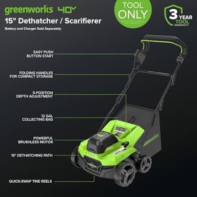 Greenworks 40V 15 inch Dethatcher/Scarifier, Tool Only - Image 2