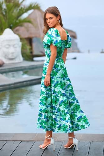 PRETTYGARDEN Women's Casual Summer Midi Dress Puffy Short Sleeve Square Neck Smocked Tiered Ruffle Dresses (Floral Green,Large) - Image 2