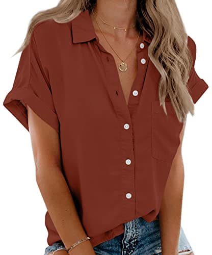 Beautife Womens Short Sleeve Shirts V Neck Collared Button Down Shirt Tops with Pockets (Medium, Brick red) - Image 1